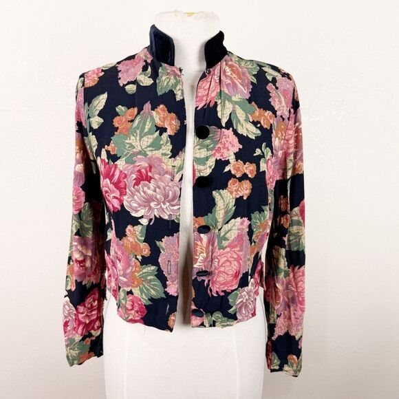 Vintage 90s Floral Crop Fall Cardigan Sweater Goth Medium - Picture 1 of 8